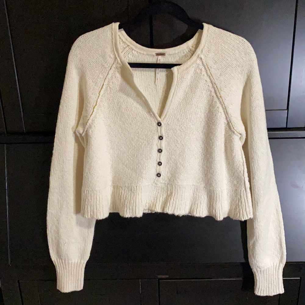 Free People Boxy Cropped Cream Sweater with Buttons
